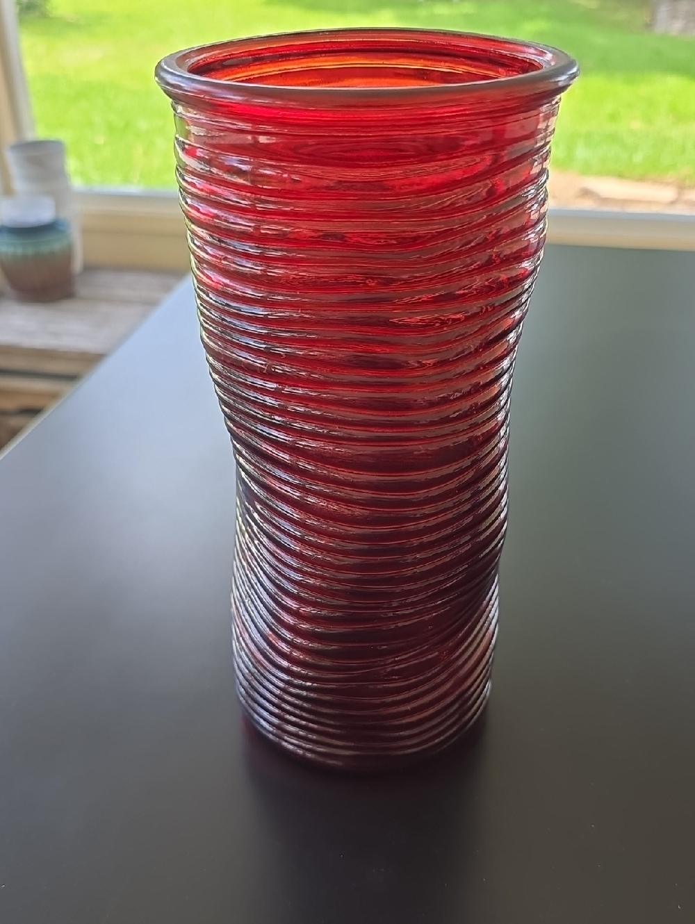 Red Ribbed Glass Decorative Vase - Unbranded